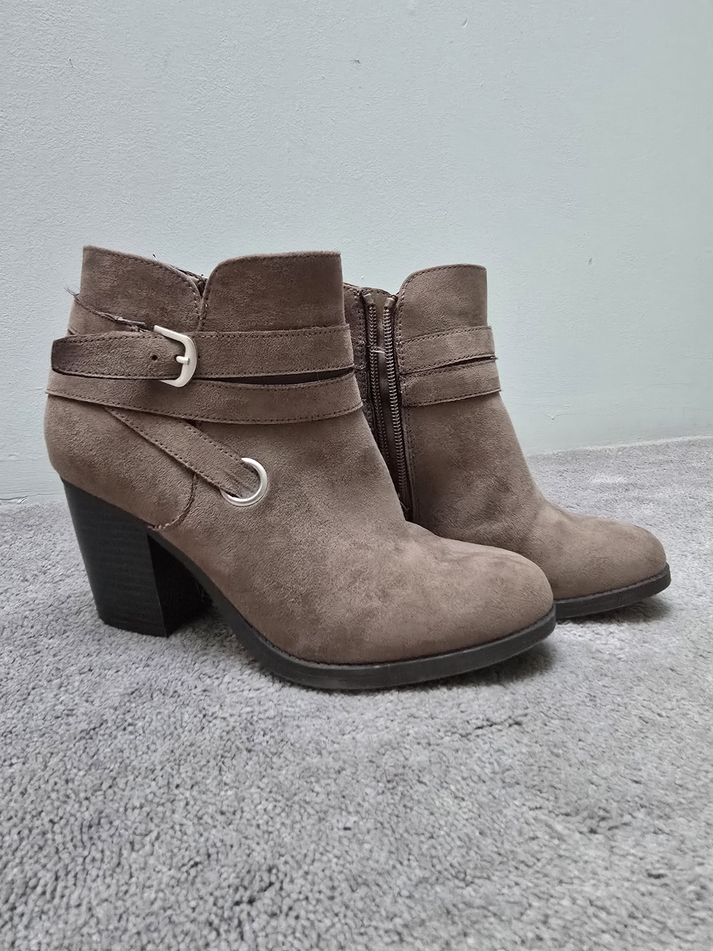 Women’s Taupe Suede Ankle Boot with Buckle Detail
